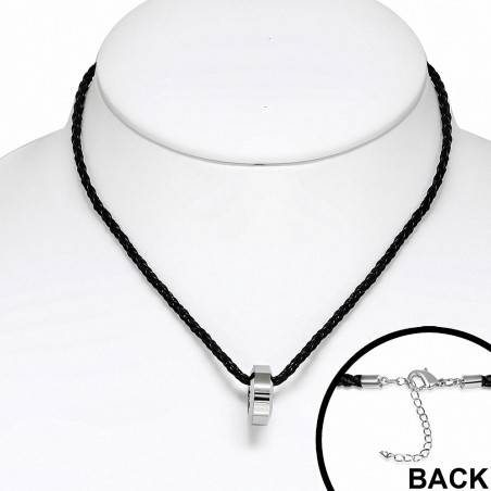 Pendentif cercle en carbure de tungstène avec collier tressé en cuir de PVC noir