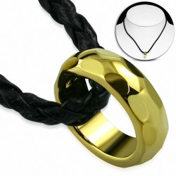 Collier tressé en cuir de PVC noir et pendentif type bague dorée taillée carbure de tungstène