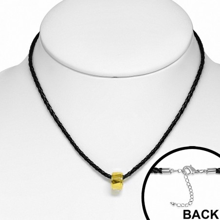 Collier tressé en cuir de PVC noir et pendentif type bague dorée style écrou en carbure de tungstène