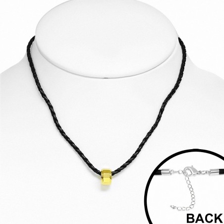 Collier tressé en cuir de PVC noir et pendentif type bague dorée style écrou carbure de tungstène