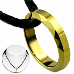 Collier tressé en cuir de PVC noir et pendentif type bague dorée à coulisse carbure de tungstène