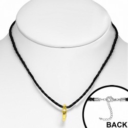 Collier tressé en cuir de PVC noir et pendentif type bague dorée à coulisse carbure de tungstène