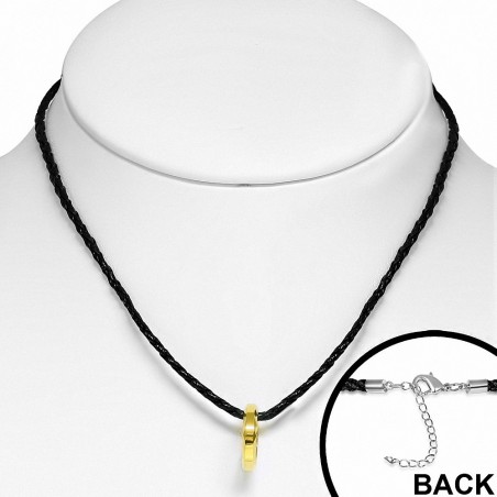 Collier tressé en cuir de PVC noir et pendentif type bague dorée à coulisse carbure de tungstène