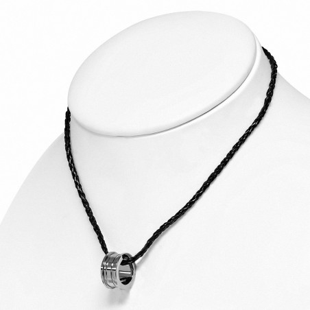 Carbure de tungstène - Mini bague charm avec collier tressé en cuir de PVC noir