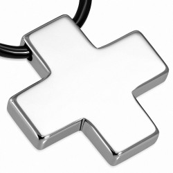 Croix grecque argentée en carbure de tungstène avec collier en caoutchouc noir