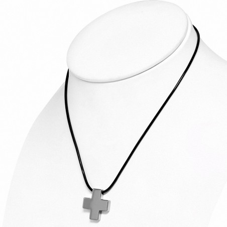 Croix grecque argentée en carbure de tungstène avec collier en caoutchouc noir