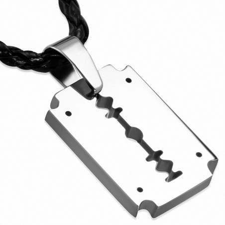 charm de lame de rasoir en carbure de tungstène avec collier tressé en cuir de PVC noir