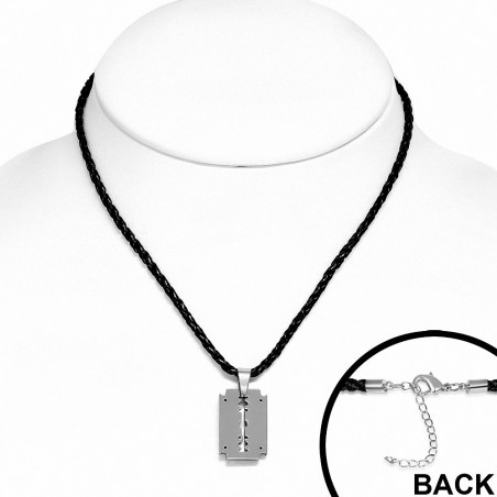 charm de lame de rasoir en carbure de tungstène avec collier tressé en cuir de PVC noir