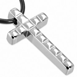 Pendentif croix latine longue à carrés en carbure de tungstène avec collier de corde en caoutchouc noir