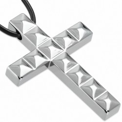 Pendentif croix latine à carrés en carbure de tungstène avec collier de corde en caoutchouc noir