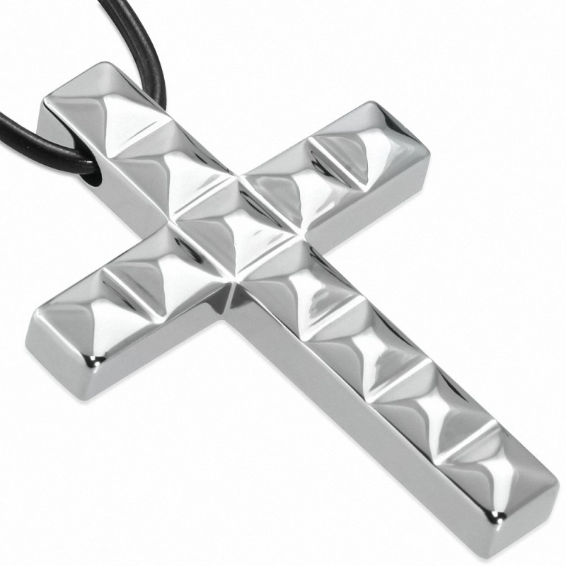 Pendentif croix latine à carrés en carbure de tungstène avec collier de corde en caoutchouc noir