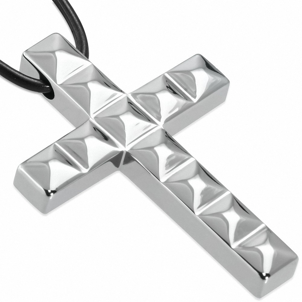 Pendentif croix latine à carrés en carbure de tungstène avec collier de corde en caoutchouc noir
