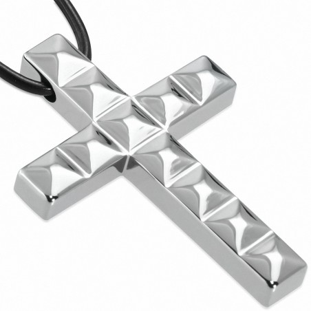Pendentif croix latine à carrés en carbure de tungstène avec collier de corde en caoutchouc noir
