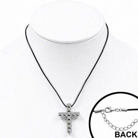 Pendentif croix latine à carrés en carbure de tungstène avec collier de corde en caoutchouc noir