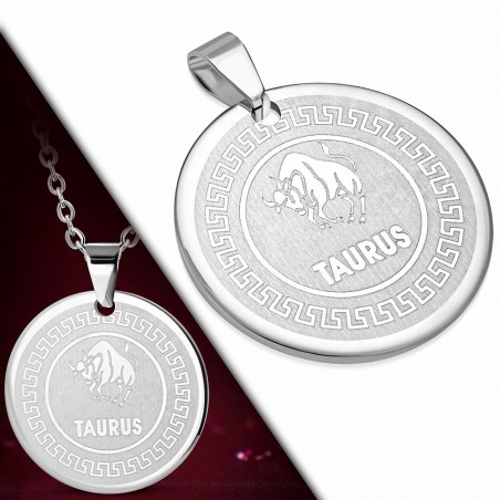 Pendentif cercle Taupus avec monogramme Taureau - Clé grecque en acier inoxydable