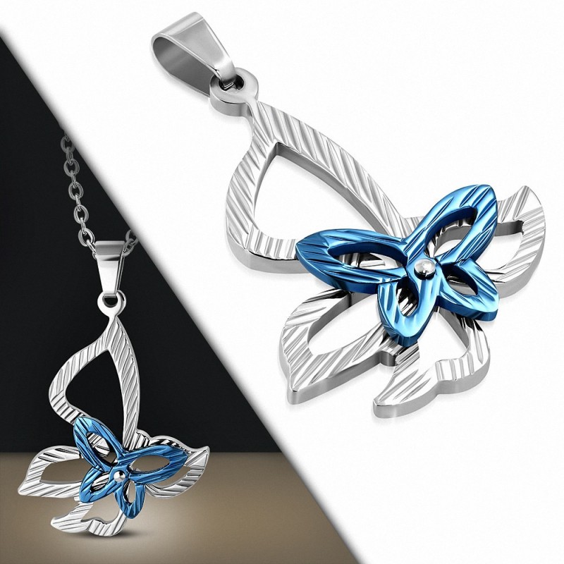 Pendentif papillon bleu sur fleur argentée en acier inoxydable avec gemme