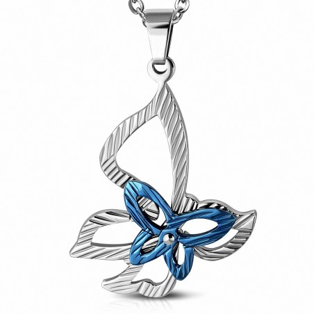 Pendentif papillon bleu sur fleur argentée en acier inoxydable avec gemme