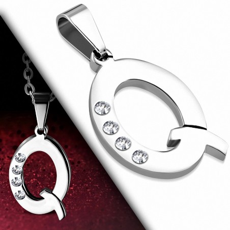 Pendentif avec charm alphabet Q en acier inoxydable gemme