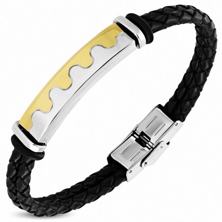 Bracelet en cuir tressé noir avec montre en forme de raz-de-marée en acier inoxydable 2 tons