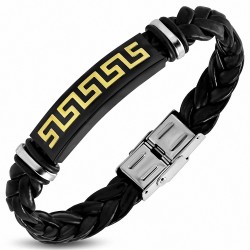 Bracelet en cuir PU tressé noir avec montre en acier inoxydable à trois tonalités  clé grecque