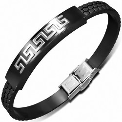 Bracelet en caoutchouc noir de style montre avec clé grecque 2 tons en acier inoxydable