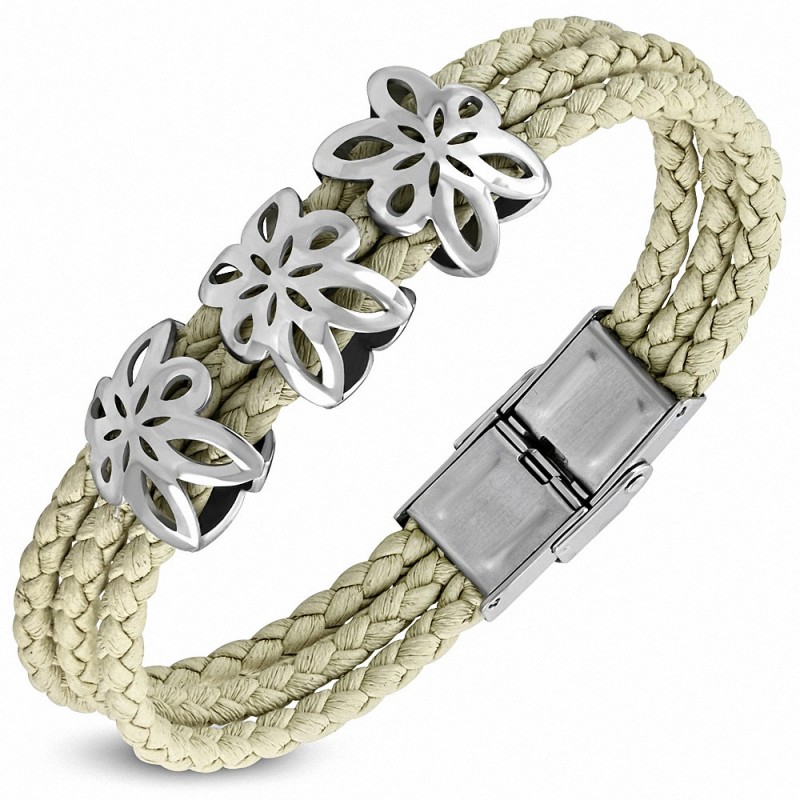 Bracelet en cuir PU tressé brun clair  avec montre à fleurs en acier inoxydable