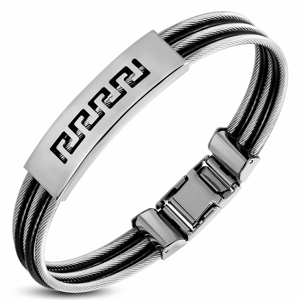 Bracelet en fil torsadé de style horloger avec clé grecque découpée en acier inoxydable