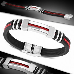 Bracelet en caoutchouc noir avec montre tressée 3 tons en acier inoxydable