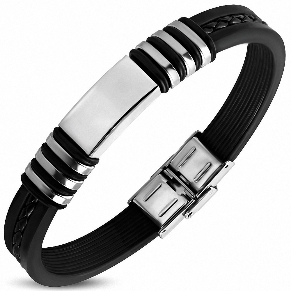 Bracelet en caoutchouc noir avec style de montre à graver en acier inoxydable B