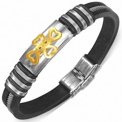 Bracelet en caoutchouc noir avec montre en forme de coeur d'amour croisé en acier inoxydable 2 tons A