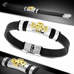 Bracelet en caoutchouc noir avec montre en forme de coeur d'amour croisé en acier inoxydable 2 tons B