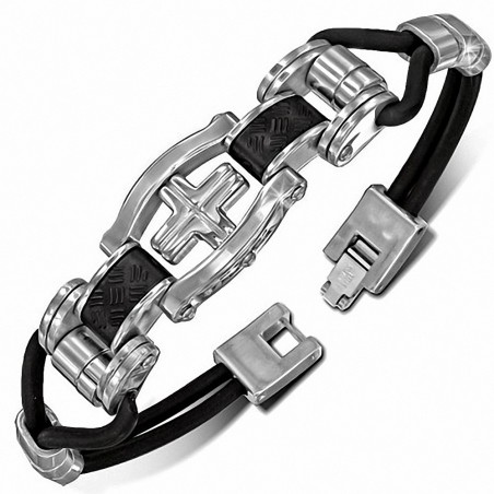 Bracelet en caoutchouc noir avec montre en acier inoxydable en forme de croix latine