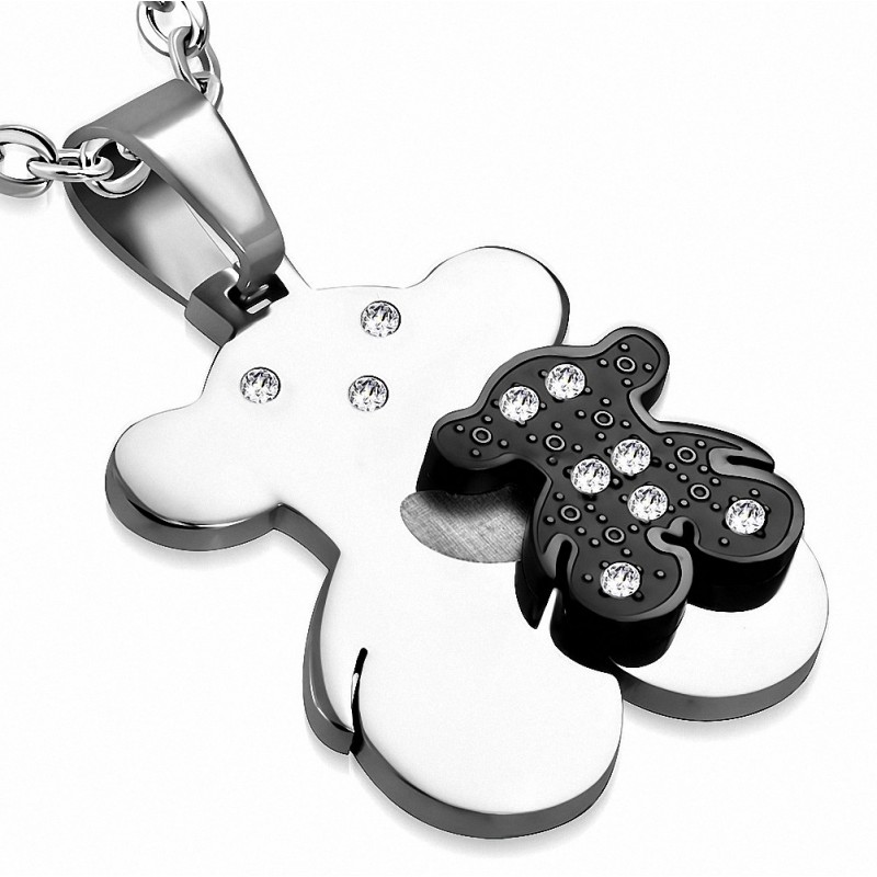 Pendentif double ourson en acier inoxydable argenté/noir