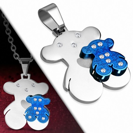 Pendentif double ourson en acier inoxydable argenté/bleu