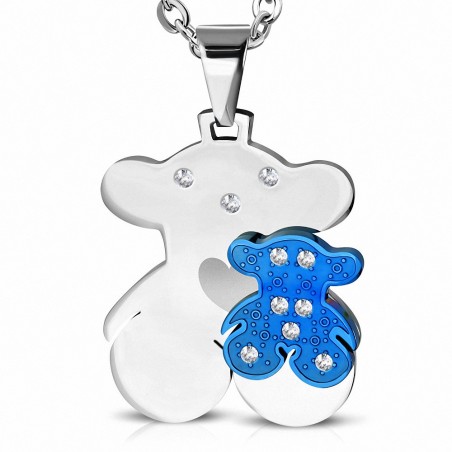 Pendentif double ourson en acier inoxydable argenté/bleu