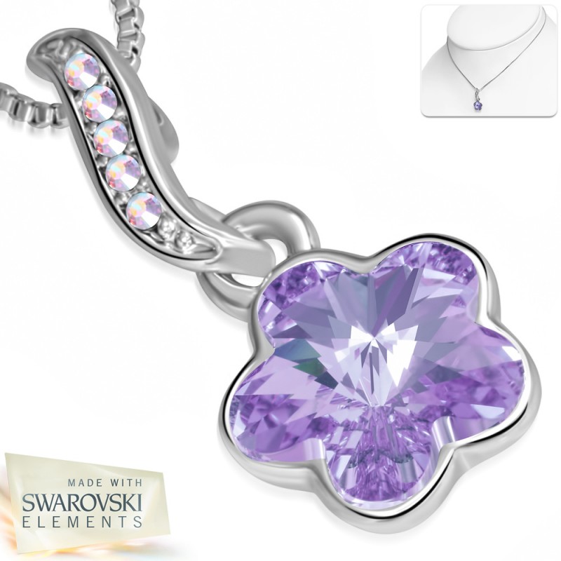 Alliage avec or blanc doré collier de charm de fleur minuscule avec des cristaux violet violet clair Alliage avec or blanc doré collier de charm de fleur minuscule avec des cristaux violet violet clair