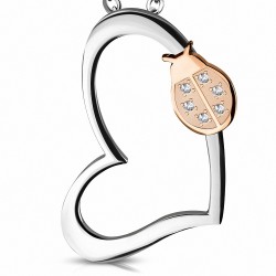 Pendentif à emprisonnement invisible coeur ouvert en acier inoxydable et coccinelle rosée