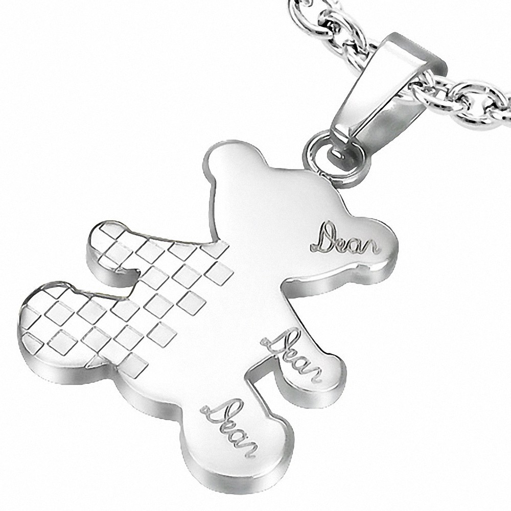 Pendentif ourson à damier et monogramme en acier inoxydable argenté