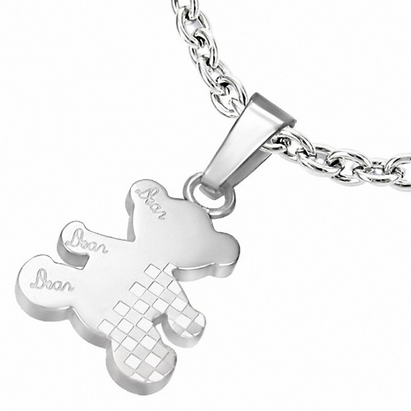 Pendentif ourson à damier et monogramme en acier inoxydable