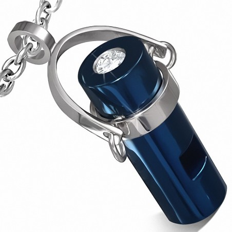 Pendentif cylindre bleu avec coeur en acier inoxydable et strass