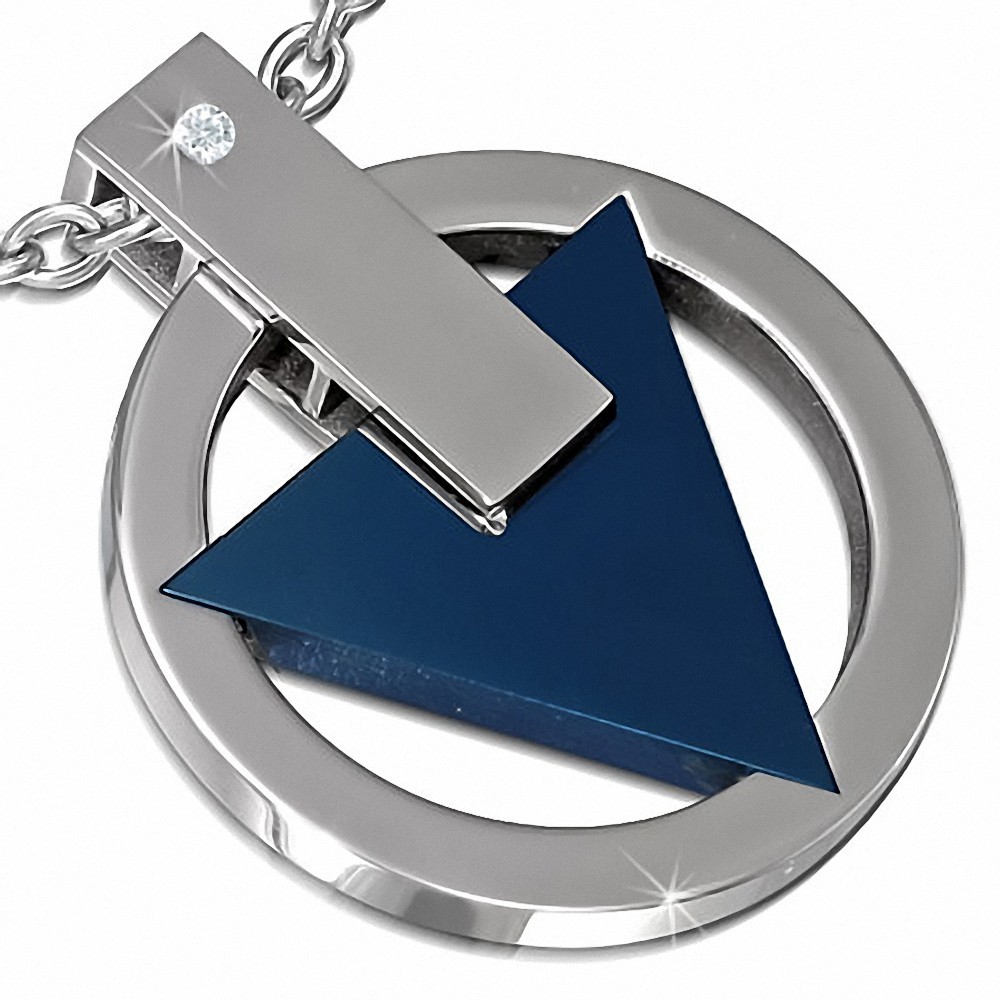 Pendentif en forme de cercle avec triangle bleu captif en acier inoxydable et gemme
