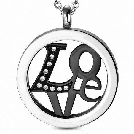 Pendentif avec breloque cercle en monogramme d'amour en acier inoxydable à 2 tons gemme