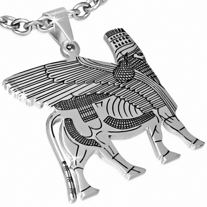 Pendentif persan Faravahar Farohar en acier inoxydable à deux tons avec symbole de l'empire persan