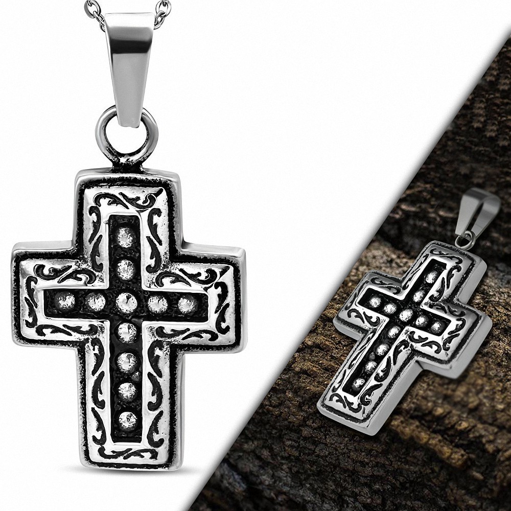 Pendentif avec croix latine à deux tons en acier inoxydable avec spirale et bord en spirale