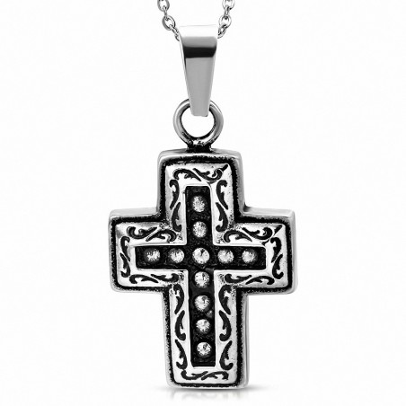 Pendentif avec croix latine à deux tons en acier inoxydable avec spirale et bord en spirale