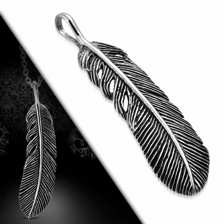 Pendentif motard avec breloque plume / feuille en acier inoxydable 2 tons