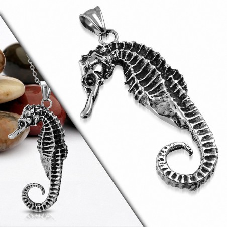 Grand pendentif motard hippocampe 2 tons en acier inoxydable