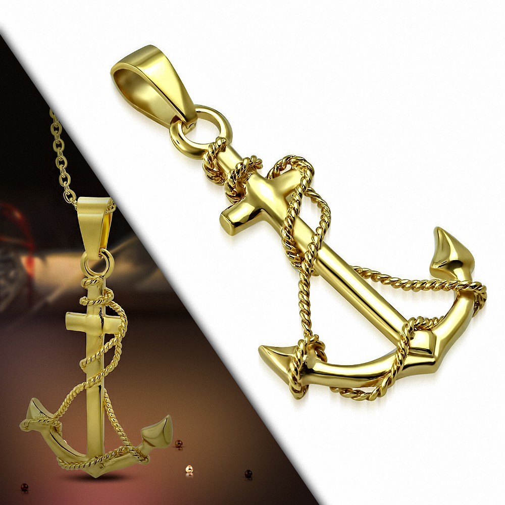 Pendentif croix d'ancre marine en acier inoxydable doré avec corde