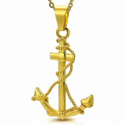 Pendentif croix d'ancre marine en acier inoxydable doré avec corde