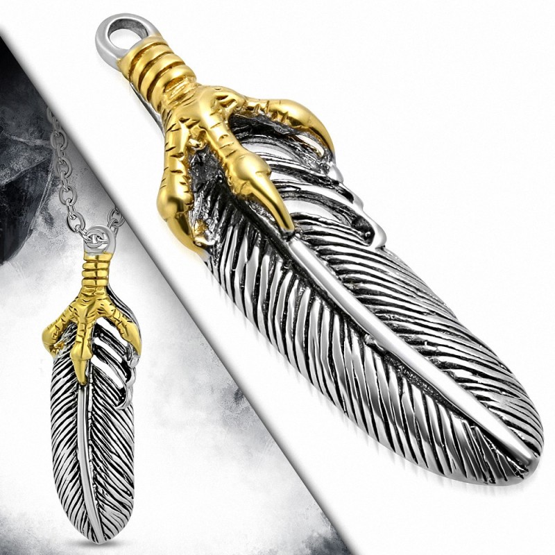 Pendentif motard plume d'aigle argentée et griffe dorée en acier inoxydable